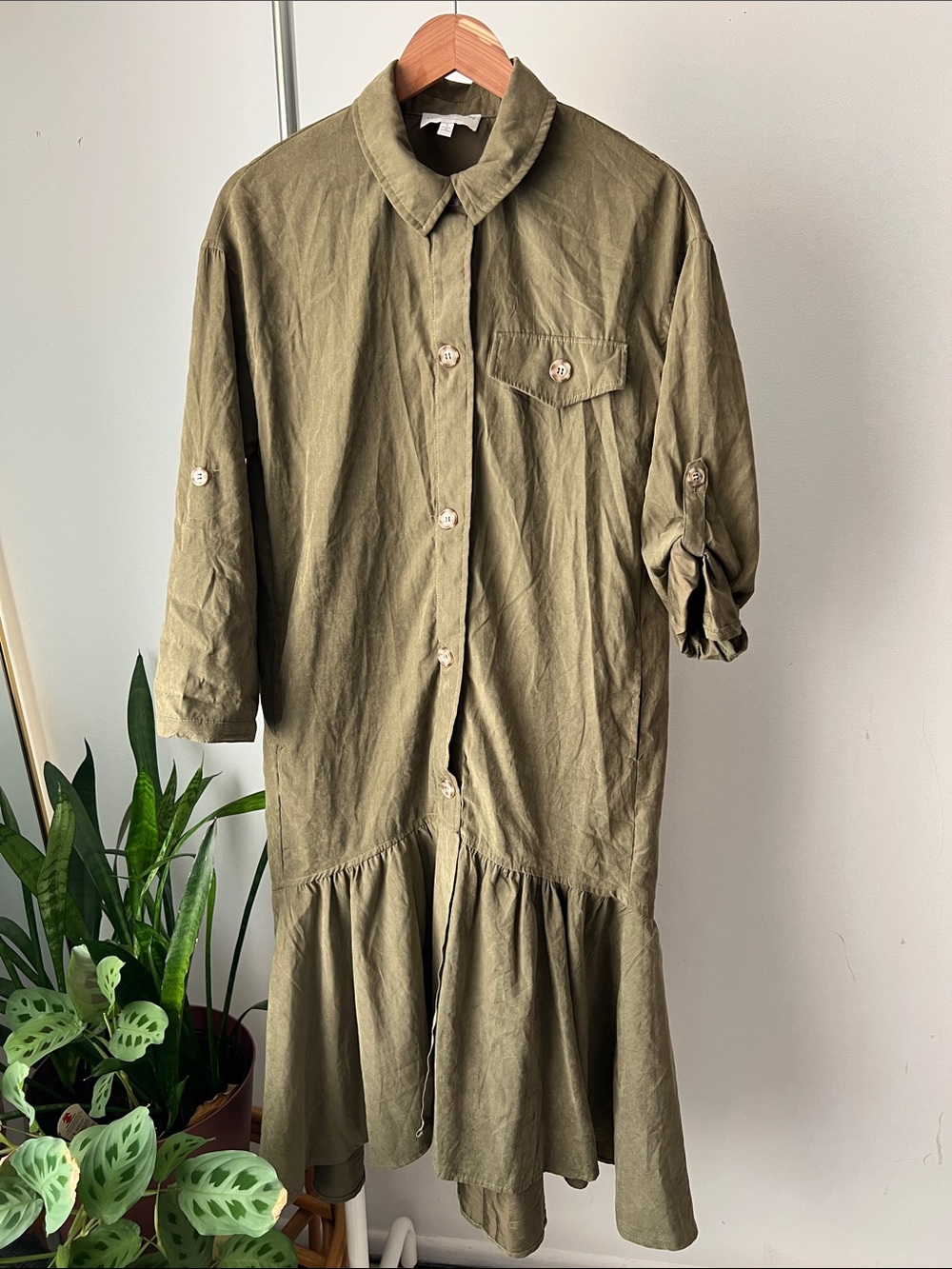 HAYDEN Los Angeles Button-Front Olive Green Midi Shirt Dress 3/4 sleeve S